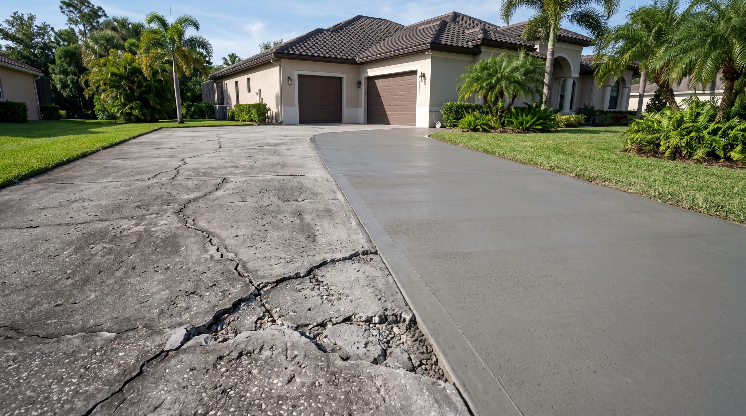 Repaired concrete driveway.
