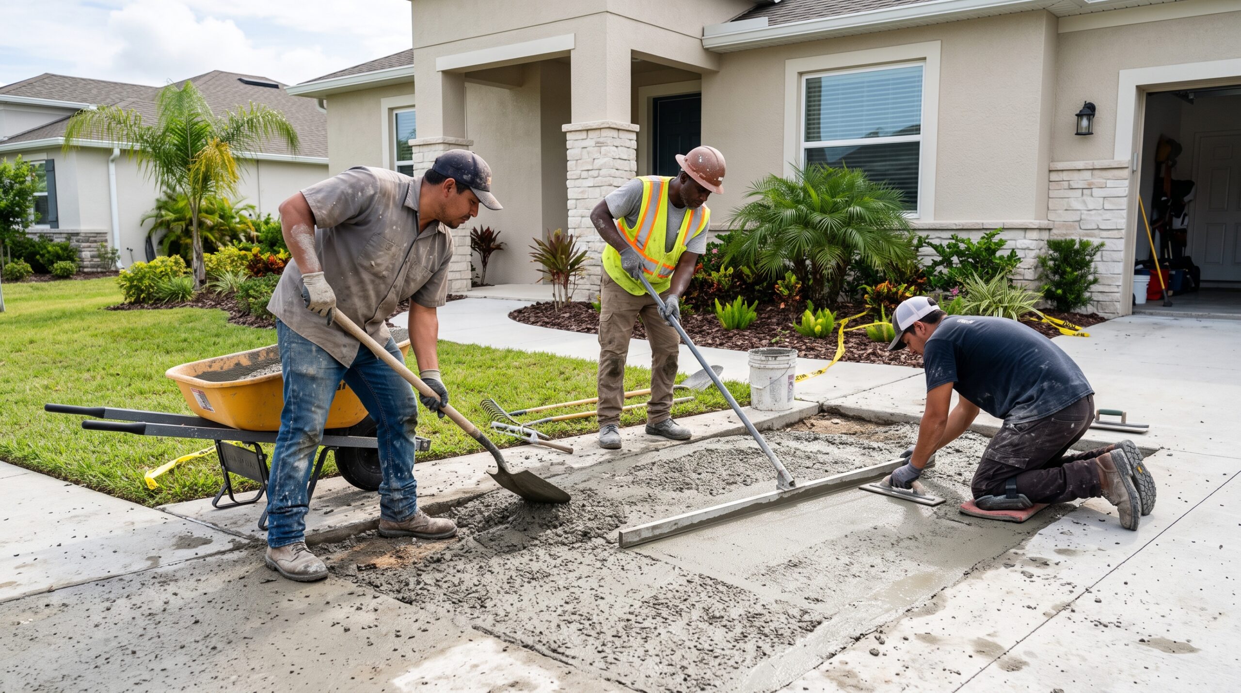 Workers repairing a concrete foundation